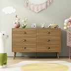 Oak 6 Drawer Dresser for Bedroom, 47" Wood Dresser with Gold Handles.
