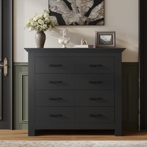 8 Drawer Dresser for Bedroom, Wood Dresser Chests of Drawers with Metal Handle, Double Wide Dressers, Vintage Design Storage Chest Cabinet and Organizer Drawers for Closet, Hallway, Entryway, Black