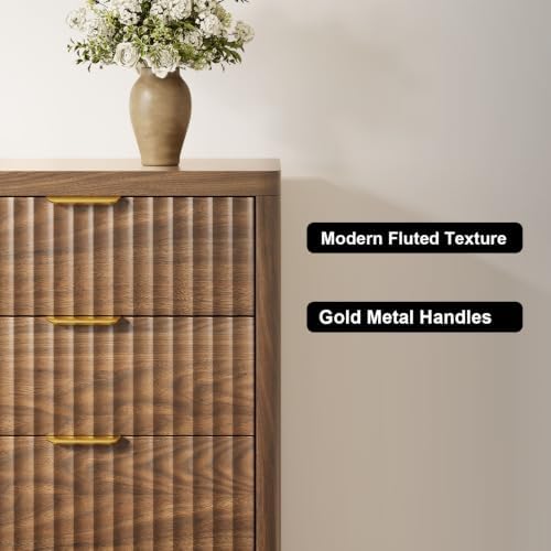 Fluted 9 Drawer Dresser for Bedroom, 59" Horizontal Wide Modern Low Profile Chest of Drawers with Metal Handle & Storage, Long Wooden Dresser TV Stand for Living Room & Closet, Walnut Brown Dresser