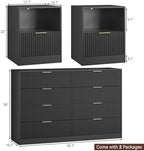 8 Drawer Dresser & 1-Drawer Nightstand Set 3-Piece, Black丨55 Wide Bedroom Dresser Set Night Stand Set of 2, Fluted Modern Wood Chest of Drawers Storage Dressers Set for Bedroom