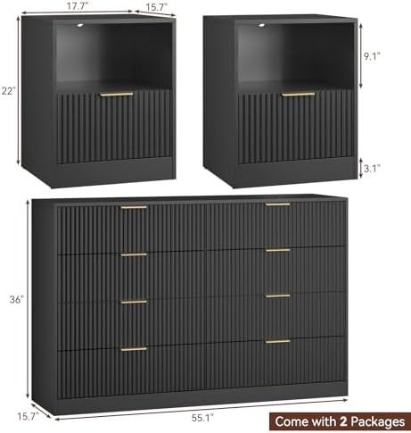 8 Drawer Dresser & 1-Drawer Nightstand Set 3-Piece, Black丨55 Wide Bedroom Dresser Set Night Stand Set of 2, Fluted Modern Wood Chest of Drawers Storage Dressers Set for Bedroom