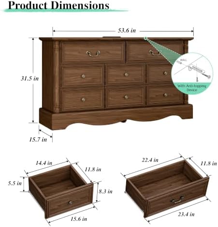Farmhouse 8-Drawer Dresser with Charging Station for Bedroom