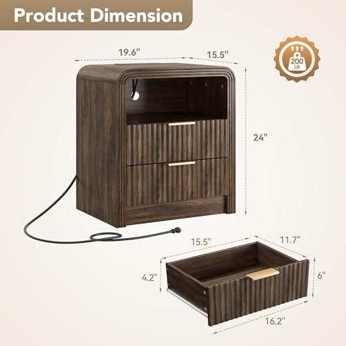Decofy Fluted 2-Drawer Nightstand with Charging Station, Walnut