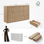 54"W Fluted 6 Drawer Bedroom Dresser, with Faux Marble Top,Natural Oak
