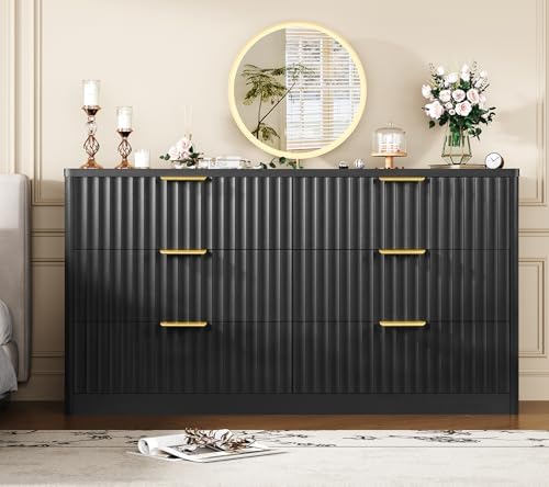 TEENFON Fluted 6 Drawer Dresser for Bedroom, Wide Modern Chest of Drawers with Metal Handle, Curved Profile Design, Wood Closet Clothes Storage Organizer for Bedroom, Living Room, Hallway, Black