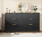 TEENFON Fluted 6 Drawer Dresser for Bedroom, Wide Modern Chest of Drawers with Metal Handle, Curved Profile Design, Wood Closet Clothes Storage Organizer for Bedroom, Living Room, Hallway, Black