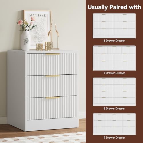 3 Pcs White 8 Drawer Dresser & 3-Drawer Nightstand Set丨Tall Fluted Dresser and Night Stand Set of 2 with Metal Handle, Modern Wood Chest of Drawers Storage Dressers Set for Bedroom