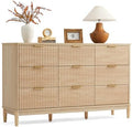 LINSY Fluted Dresser for Bedroom with 9 Drawers, Mid Century Modern Chest of Drawers with Gold Metal Handles, Wide Boho Wood Dressers, Large Farmhouse Storage Cabinet for Bedroom, Living Room, Oak