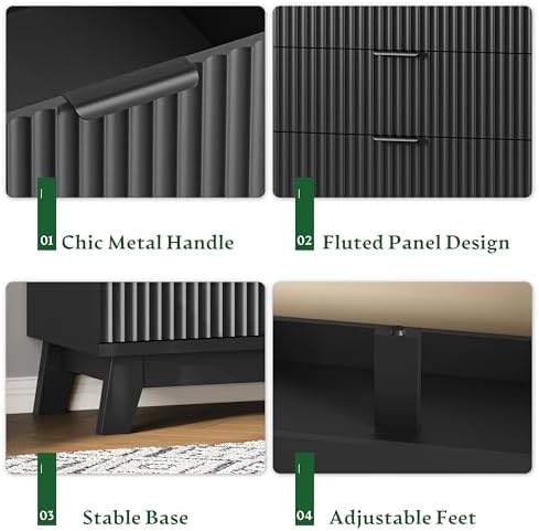 Xixini Fluted Dresser with 8 Drawers, 54" Wide Modern Chest of Drawers with Metal Handle, Wooden Dresser TV Stand, Wood Closet Clothes Storage Organizer for Bedroom, Living Room, Hallway, Solid Black