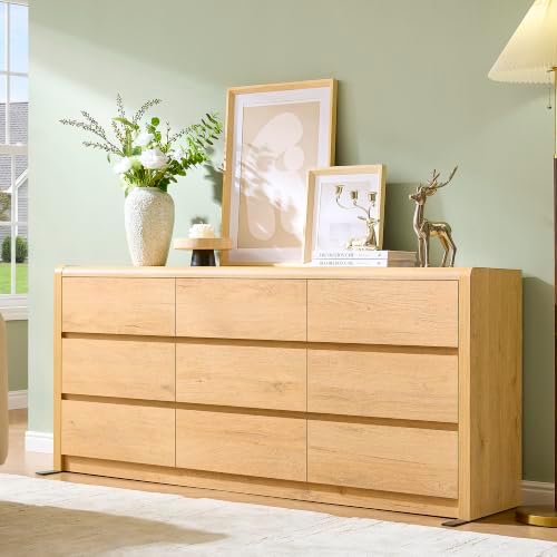 Modern 9 Drawers Dresser for Bedroom, 63” Wide Large Dressers & Chest of Drawers, Front Rounded Corner Handleless Design, Storage Dressers Organizer for Hallway, Living Room, Natural Color