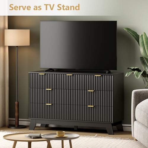Wodeer 7 Drawer Fluted Dresser for Bedroom, Mid Century Modern Dresser with 7 Drawers, Dressers & Chests of Drawers with Metal Handle, TV Stand & Storage Organizer for Entryway, Hallway, Black