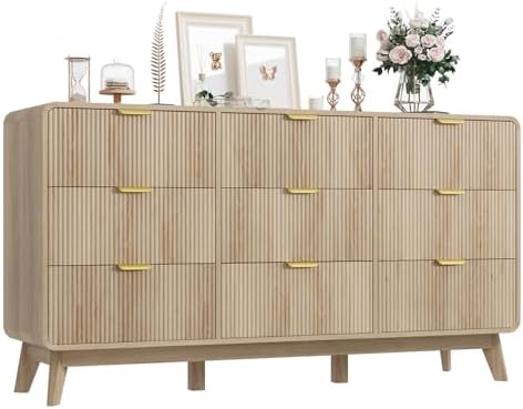 QUW Fluted 59.1" Wide Modern Dresser for Bedroom with 9 Drawers, Tall Chest of Drawers with Metal Handle, Wooden Dresser TV Stand, Hallway, Living Room, Natural Oak