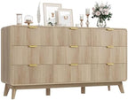 QUW Fluted 59.1" Wide Modern Dresser for Bedroom with 9 Drawers, Tall Chest of Drawers with Metal Handle, Wooden Dresser TV Stand, Hallway, Living Room, Natural Oak