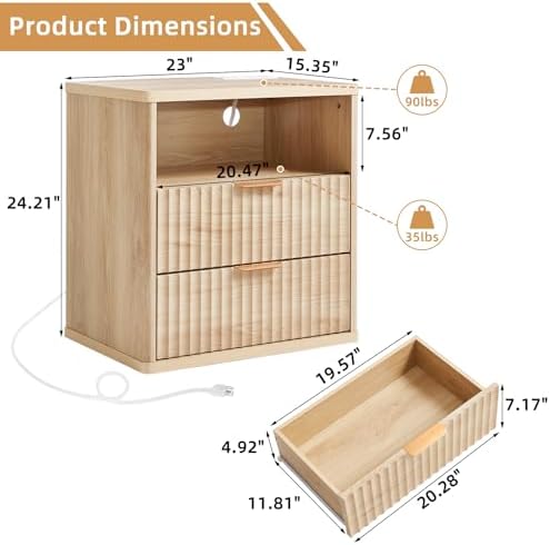 LEYAOYAO Fluted Nightstand with Charging Station, 23" Modern Night Stand with Woodgrain Top, 2 Drawers End Table w/Storage, Bedside Tables for Bedroom, Living Room, Curved Profile Design,Wood
