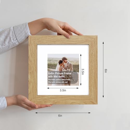 Hongkee 6x6 Picture Frame Set of 4, Made of Glass and Natural Oak Wooden Frame - Display Picture 4x4 with Mat or 6 x 6 Without Mat, 6x6 Photo for Wall or Tabletop