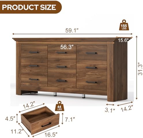9 Drawer Dresser for Bedroom, Wood Dresser Chests of Drawers with Metal Handle, Triple Wide Dressers, Vintage Design Storage Chest Cabinet and Organizer Drawers for Closet, Hallway, Entryway, Walnut