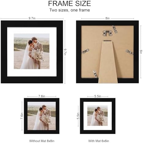 Hongkee 8x8 Picture Frames Set of 4, Made of Real Glass and Black Wooden Frame - Display Picture 6x6 with Mat or 8 x 8 Without Mat, 8 by 8 Photo for Wall or Tabletop