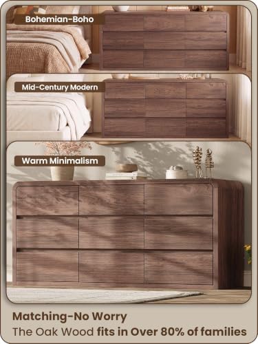 Modern 63" Wide 9 Drawers Dresser with Curved Profile Design,Walnut