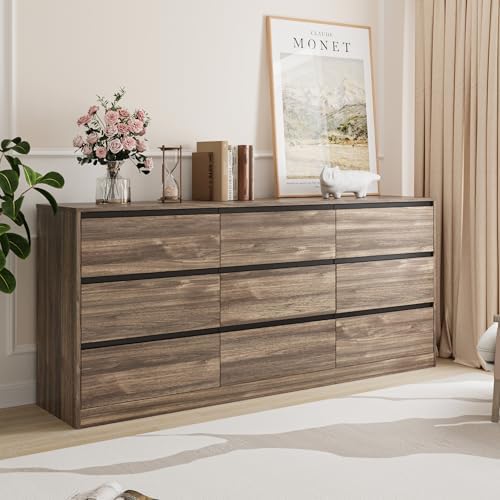 Bobve 70.9” Dresser for Bedroom with 9 Drawers, Large Modern Chest of Drawers Handle Free, Long Wooden Dressers Storage Organizer, Wide Double Dresser for Bedroom, Living Room, Hallway (Walnut)