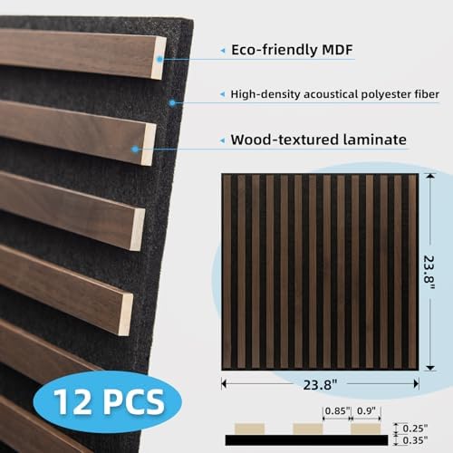 Art3d 12-Pack Acoustic Wood Slat Panel & Ceiling Tile, 2 x 2 ft, Walnut