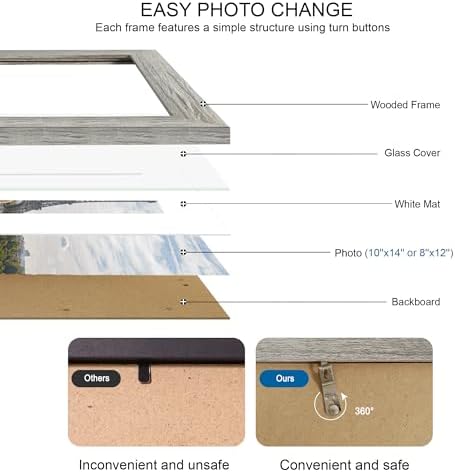 Hongkee 10x14 Picture Frame Set of 4, Made of Glass and Grey Wooden Frame, Display 8x12 Pictures with Mat or 30 x 40cm Diamond Painting Art without Mat for Wall Mounting, Gallery Photo Frames