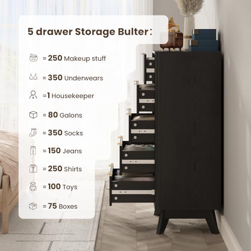 43" Hight Fluted 5 Drawers Dresser for Bedroom,Curved Edge,Black