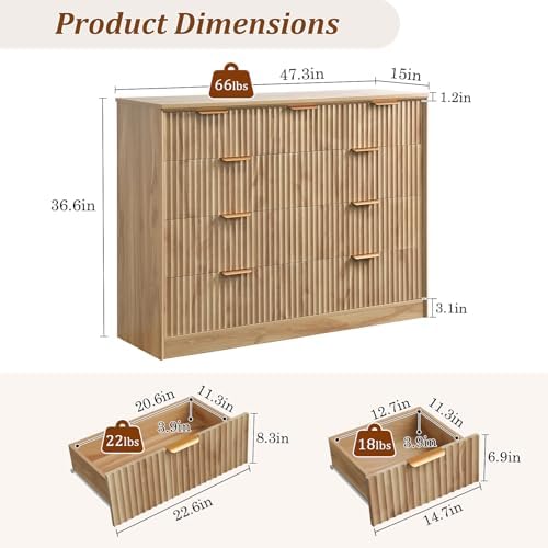 LYNCOHOME Fluted Tall Dresser for Bedroom, 9 Drawer Chest of Drawers, Oak