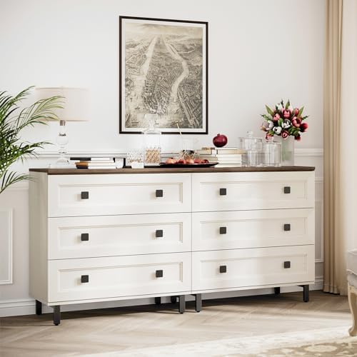 FENSULN Modern White Dresser for Bedroom with 6 Drawers, 2 in 1 Wooden Chest of Drawers with Organizer Storage for Bed Room,Livingroom Hallway