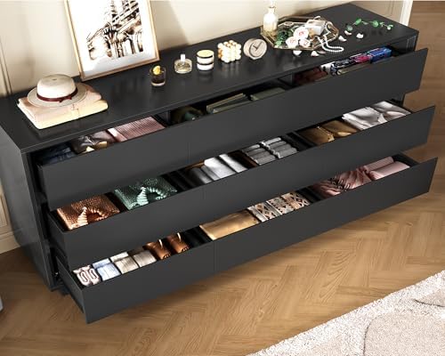 TEENFON 63" Dresser for Bedroom with 9 Drawers, Black Dresser with Metal Slide, Bedroom Dressers, Wood Dressers & Chests of Drawers for Bedroom, Hallway, Black