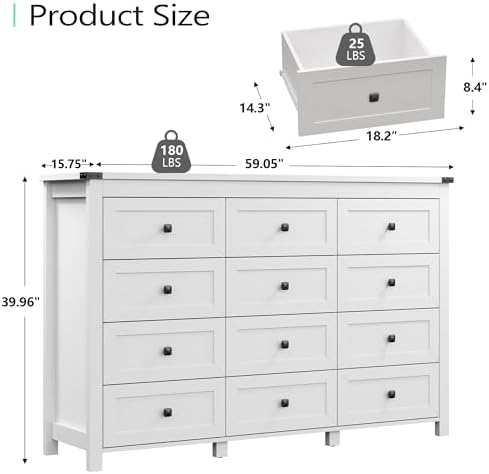 Xixini 59.1" Wide 12-Drawer Farmhouse Dresser for Bedroom, White