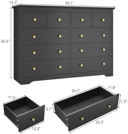 Black Dresser for Bedroom, 10 Drawer Dresser with Large Drawers, 55 Inch Wide Wood Chest for Living Room, Hallway