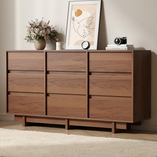 9 Drawer Walnut Dresser for Bedroom,59" Wide Mid Century Modern Dresser