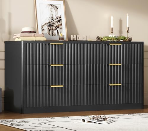 TEENFON Fluted 6 Drawer Dresser for Bedroom, Wide Modern Chest of Drawers with Metal Handle, Curved Profile Design, Wood Closet Clothes Storage Organizer for Bedroom, Living Room, Hallway, Black