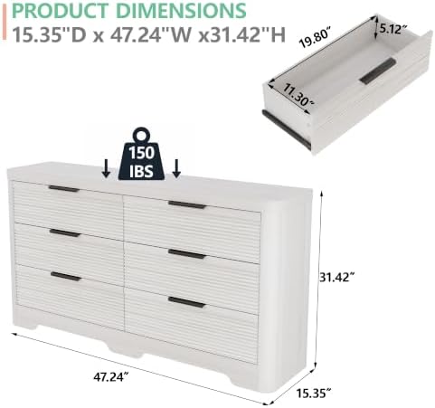 Fluted 6 Drawer Wood Dresser,Farmhouse Chest for Bedroom Entryway,White Oak