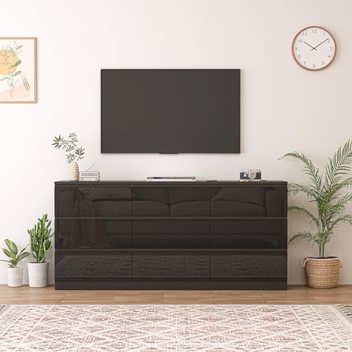70 INCH 9 Drawers Dresser with Charging Station, Modern Large Dresser with 9 Handle Free Drawers, Wood Storage Chest of Drawers for Bedroom, Living Room, Entryway, Hallway, Black
