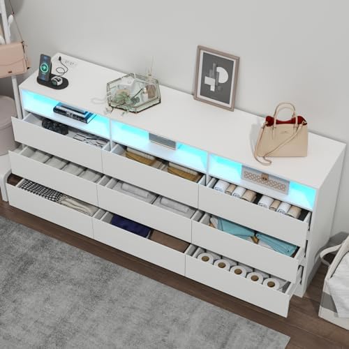 Gyfimoie 63" White 9-Drawer Dresser for Bedroom w/Power Outlet, LED Light
