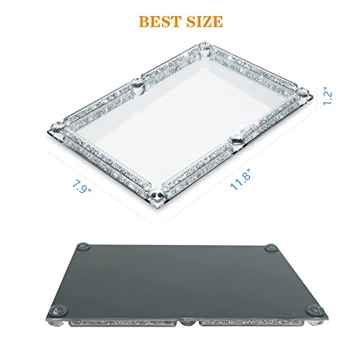 Crystal Glass Tray, Modern Mirror Jewelry Dresser Trinket Trays with Crushed Diamond, 11.8" x 7.9"Rectangular Makeup Perfume Tray for Bathroom Bedroom, Home Decor, Hotel Banquet, Party(Silver) - color: Silver