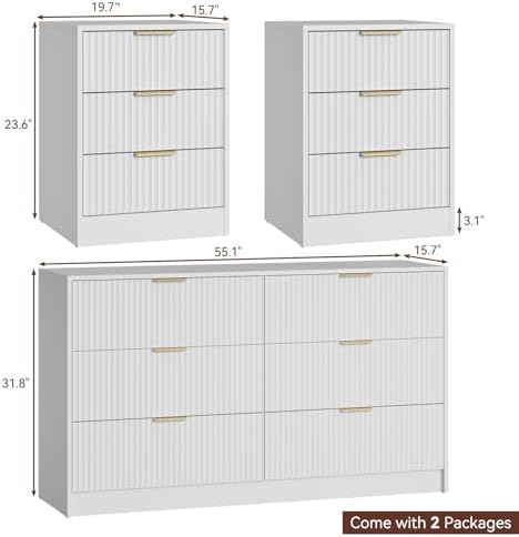 6 Drawer Dresser & 3-Drawer Nightstand Set 3-Piece, White丨Long Dresser and Night Stand Set of 2 with Metal Handle, Fluted Modern Wood Chest of Drawers Storage Dressers Set for Bedroom