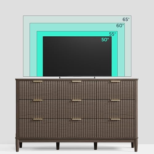 LINSY Fluted 9 Drawer Dresser for Bedroom, 58" Wide Mid-Century Modern Tall Chest of Drawers, Deep Storage Dresser with Curved Corner Design, Large Accent Wood Cabinet for Bedroom, Walnut