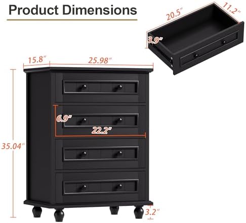 4 Drawer Dresser for Bedroom, 35'' Tall Storage Chest of Drawers, Black