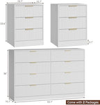 3 Pcs White 8 Drawer Dresser & 3-Drawer Nightstand Set丨Tall Fluted Dresser and Night Stand Set of 2 with Metal Handle, Modern Wood Chest of Drawers Storage Dressers Set for Bedroom