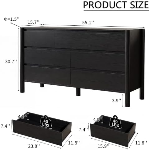 HOUROM Black Dresser for Bedroom,51" Wide 7 Drawer Mid Century Modern Chest
