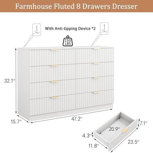 47.2" Wide Fluted 8 Drawer Dresser for Bedroom, White