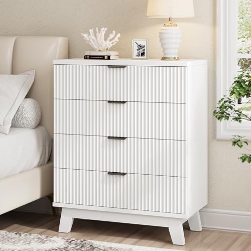 Xixini Fluted Nightstand with 4 Drawers, 31.5" Wide Side Table, White