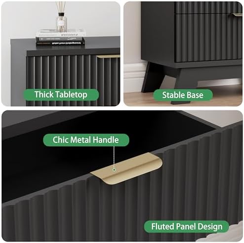 Xixini Fluted Nightstand with 3 Drawers, 24" Wide Side Table, Black