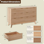 47" Wide Fluted 6 Drawers Dresser for Bedroom,Curved Edge,Oak