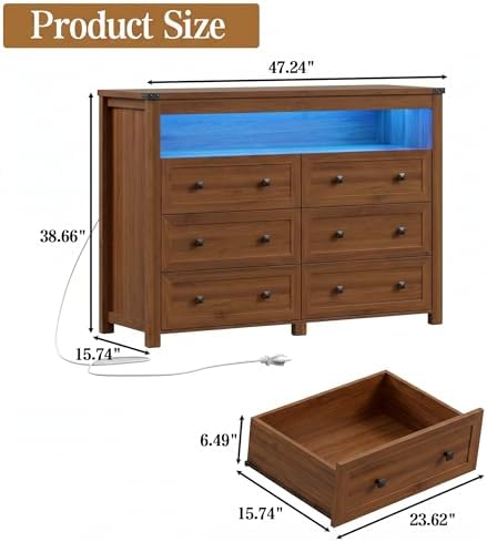 Wodeer Dresser 6 Drawer Dressers for Bedroom with LED Lights, Charging Station, Wood Chest of Drawers with Metal Handles, Modern TV Stand Storage Cabinet for Living Room, Hallway, Entryway, Walnut