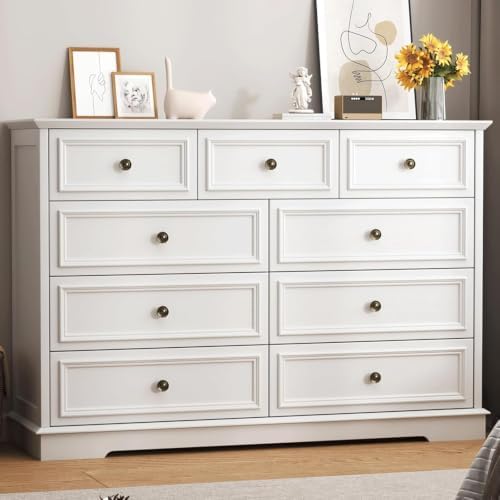 51" Wide Farmhouse 9 Drawer Dresser for Bedroom, White