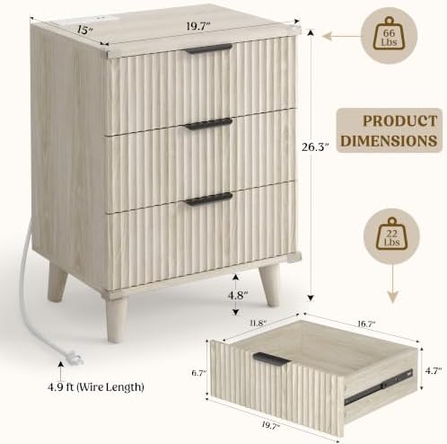 3 Drawers Nightstands Set of 2 w/Charging Station, Modern Fluted Dresser