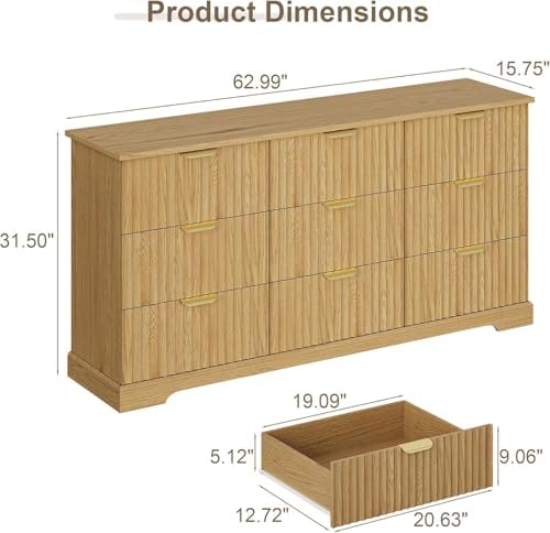 Wooden 9 Drawer Dresser for Bedroom, Fluted Dresser with Storage and Metal Handle, Modern Chest of Drawers for Living Room, Entryway, Natural Oak